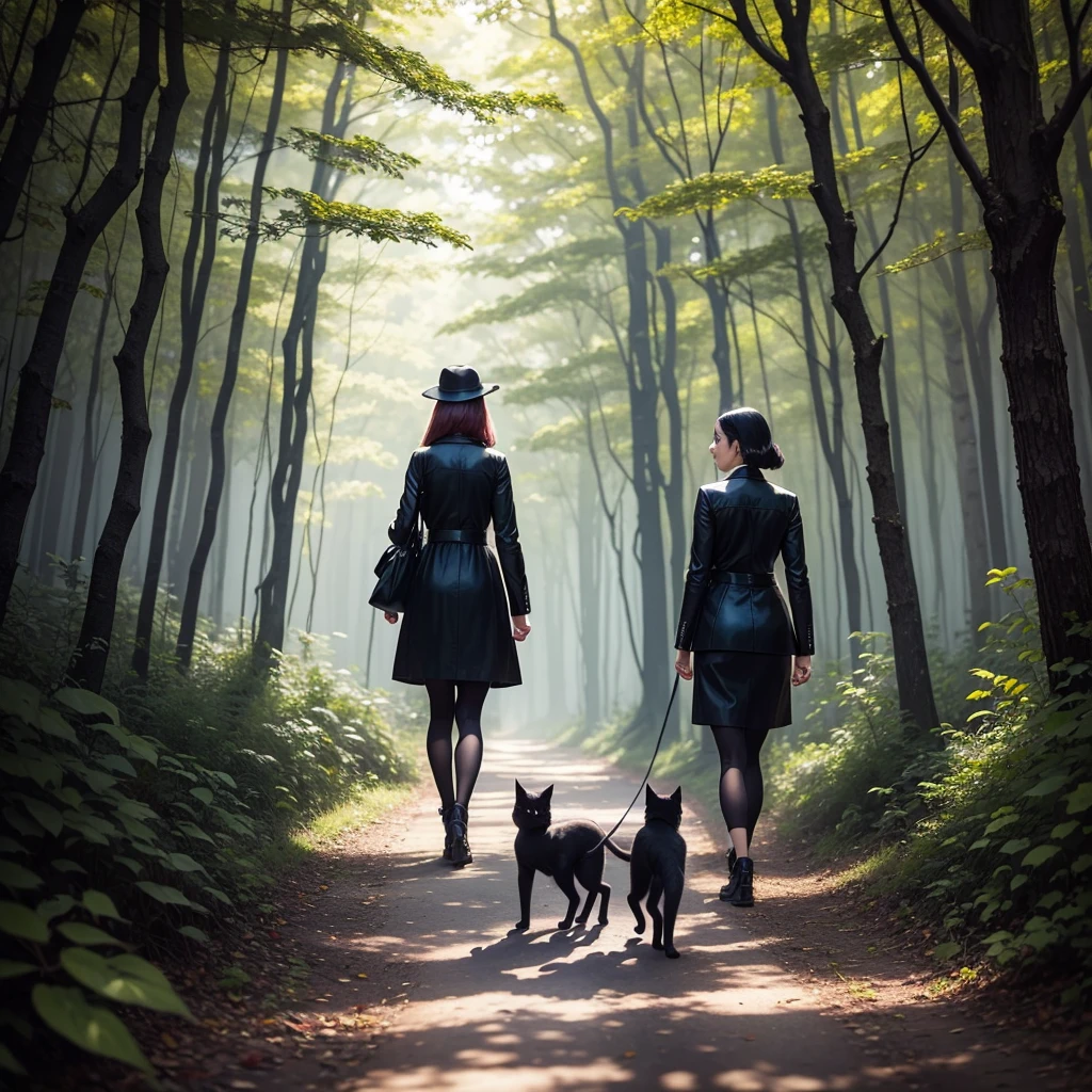She walks with her black cat through the forest