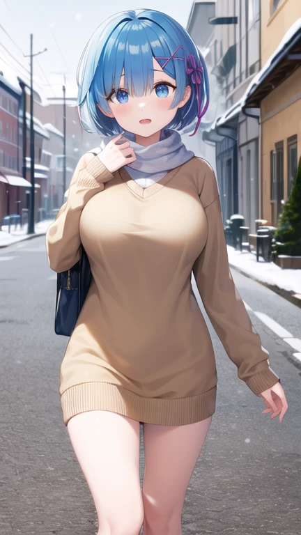 masterpiece, best quality, highres, aarem, short hair, x hair ornament, hair ribbon, large breasts, street, sweater dress, scarf, snow,