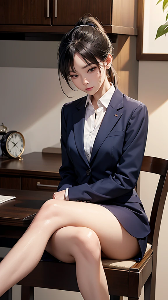 坐在办公table前， A professional woman sitting，Ponytail，Professional suit，Cross your legs，barefoot，table，Dining cabinet。