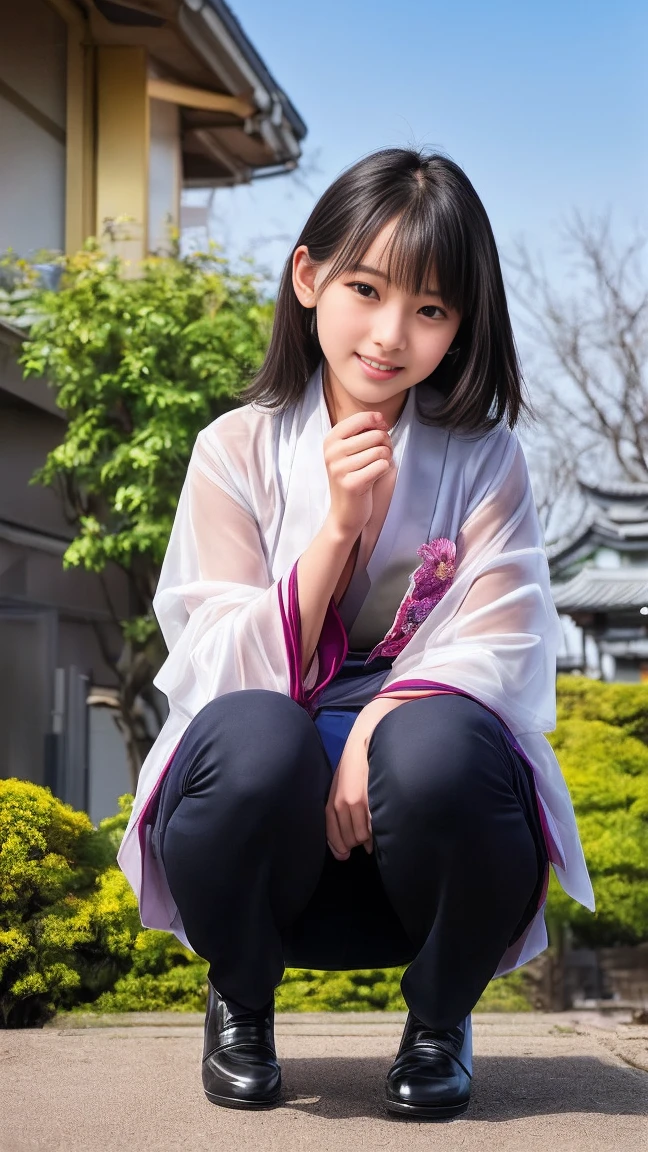 最high quality、high quality、Best image quality、8K、最High resolution、High resolution、最high quality、masterpiece、RAW Photos、whole body写真、Detailed and realistic human body、Detailed and realistic skin、Realistic face in every detail、Detailed and realistic eyes、Detailed and realistic lips、Detailed and realistic teeth、Detailed and realistic ears、Detailed and realistic hair、Realistic reproduction of every detail、((Beautiful Hands(thumb１、reference４))、Realistic feet down to the last detail、((Beautiful Japanese elementary school students))、(Japanese Model)、((Beautiful Japanese Junior High School Students))、((Beautiful 12 year old girl))、(Black Hair)、(Random Hairstyles)、((whole body))、((Child body type))、(Flat chest)、(whole body光沢肌、Fair skin)、Soft natural light、Mini Chinese Dress、Mini Kimono、Ninja costume、Japanese tradition、Japanese garden、((Colorful see-through(花柄入りNinja costume))、((Squatting on bended knees in the garden(Poses to make your thighs look beautiful))