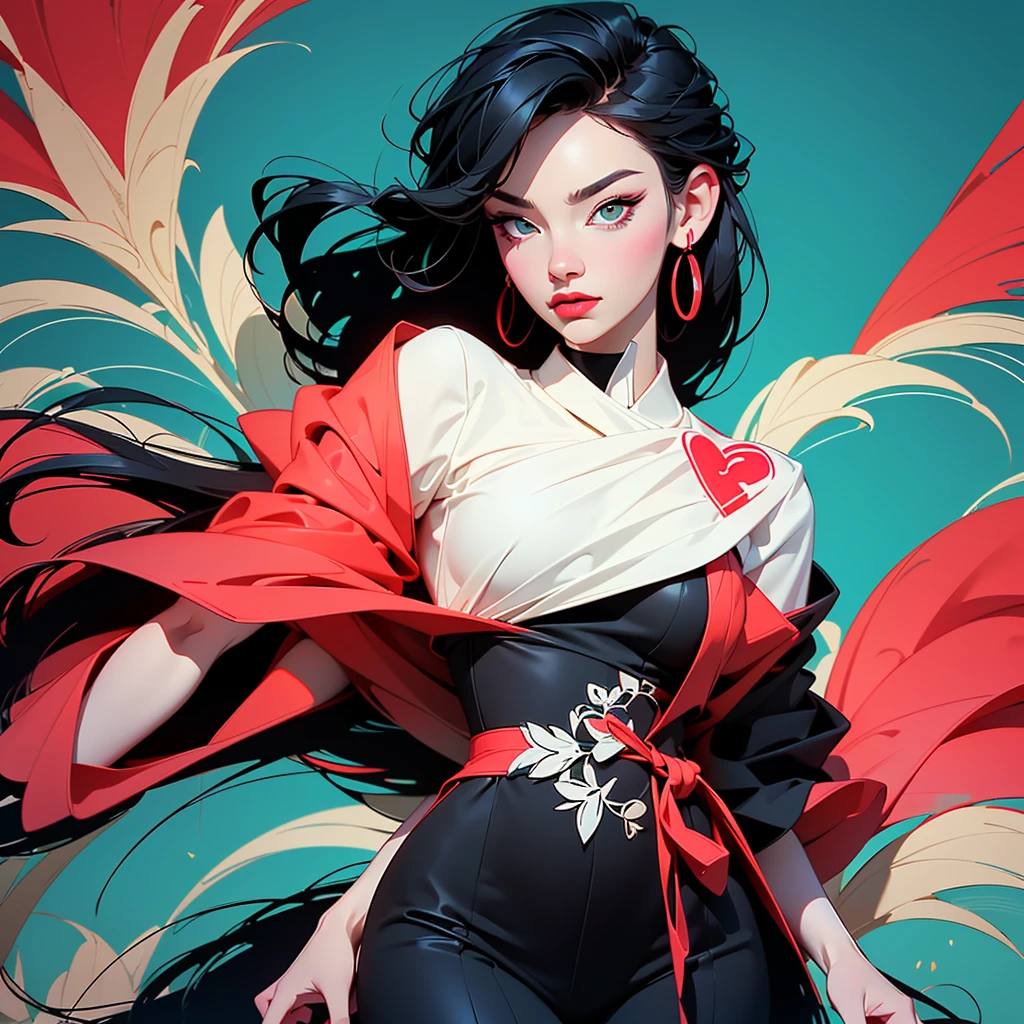 woman in a dress standing in front of simple background, up close, ((Art style by Patrick Nagel)), ((8k, wallpaper, detailed)), dark sunglasses, korean pop-star, black hair, pretty hands, fringe, simple red background, palm trees, (graffiti wall:1.2), strong, courageous, art by Patrick Nagel, album art cover