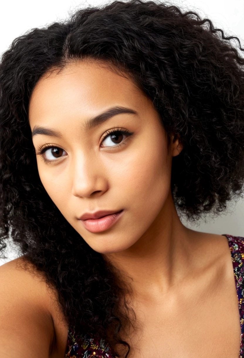 Create a selfie of a beautiful year 25 old girl of mixed black and japanese descent zoomed out.  Affro hair