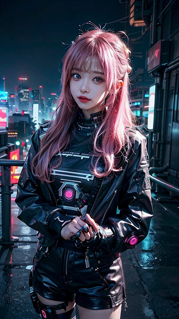 8K,beautiful,cyber punk,cyber punkな街並み,Neon night,Flashy cityscape,Charming girl at 18 years old, Face,Pink Hair