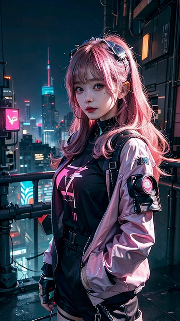 8K,beautiful,cyber punk,cyber punkな街並み,Neon night,Flashy cityscape,Charming girl at 18 years old,Baby Face,Pink Hair