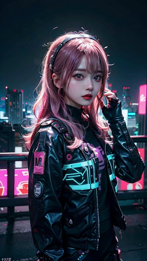 8K,beautiful,cyber punk,cyber punkな街並み,Neon night,Flashy cityscape,Charming girl at 18 years old,Baby Face,Pink Hair