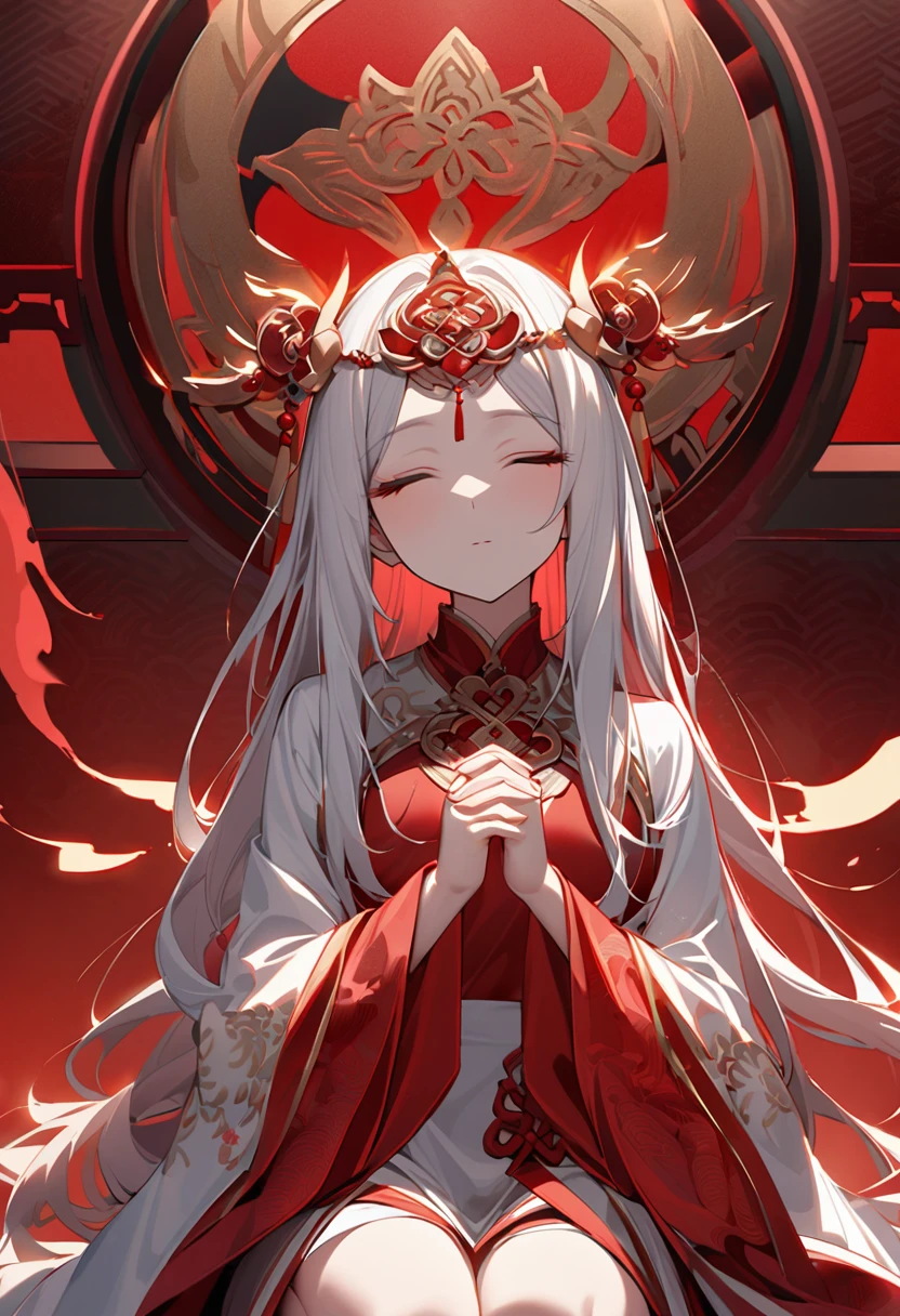 A serene Chinese ancient beauty kneels on a crimson backdrop, her hands pressed together in reverence as she whispers prayers to the heavens. Eyes shut in contemplation, her solemn yet breathtakingly lovely face reflects a deep sense of devotion. The fiery red hue surrounding her amplifies the intensity of her spiritual connection.