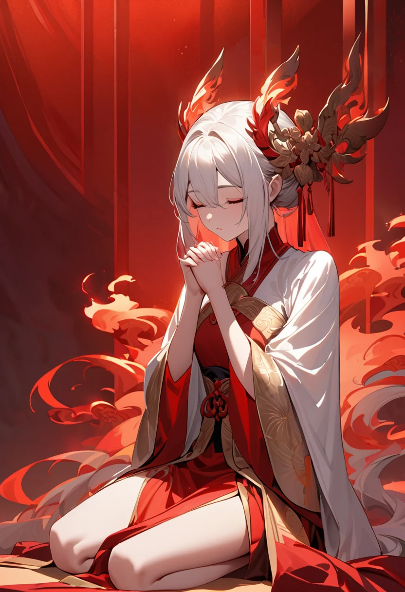 A serene Chinese ancient beauty kneels on a crimson backdrop, her hands pressed together in reverence as she whispers prayers to the heavens. Eyes shut in contemplation, her solemn yet breathtakingly lovely face reflects a deep sense of devotion. The fiery red hue surrounding her amplifies the intensity of her spiritual connection.