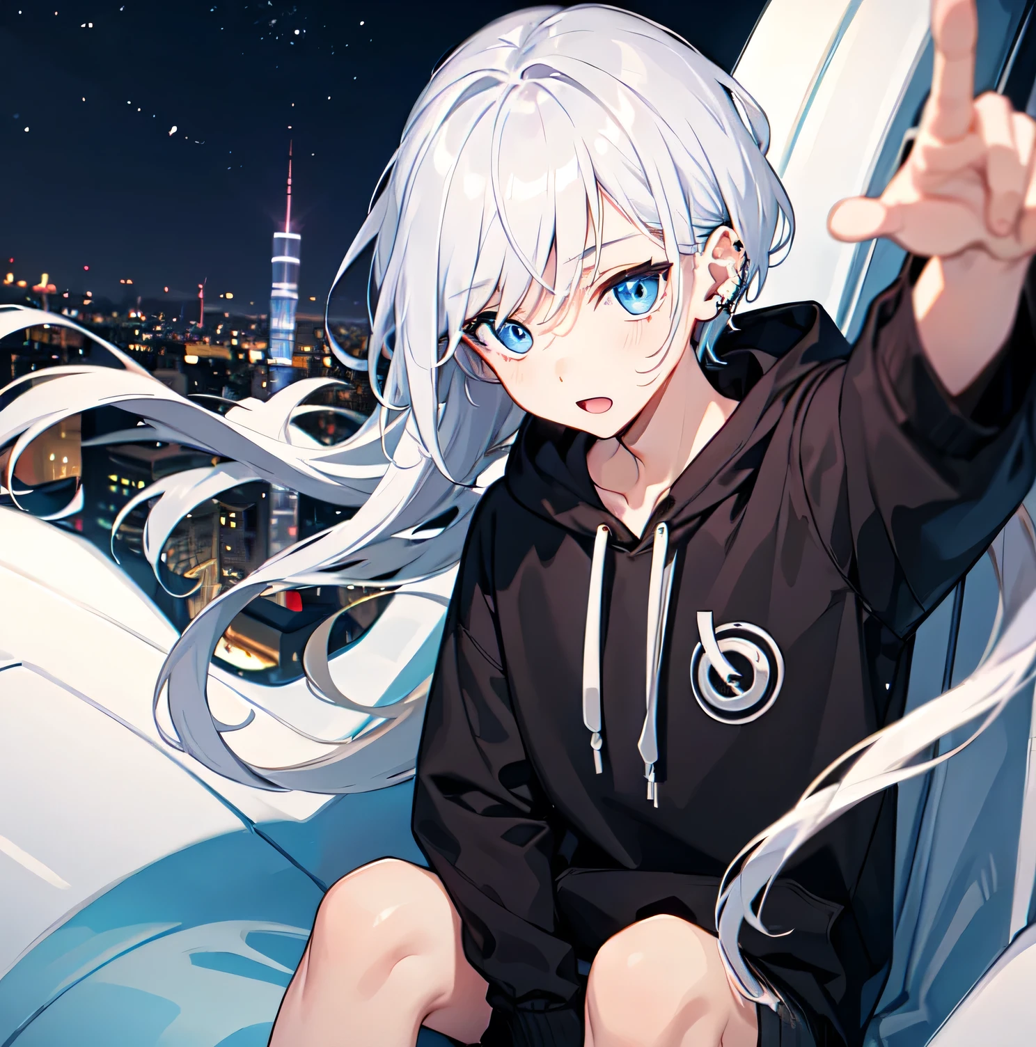 1boy,city,Volcom hoodie,tied hair,beautiful Silver hair,beautiful blue eyes,inner Blue,using piercing, Uplifting