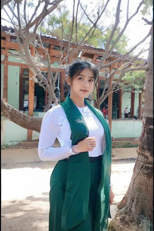 3 school teachers is 30years old.Tall, thin, big hips, big breasts, black hair, small lips, brown eyes, attractive, K.Top=white Burmese blouse,With long sleeves,Buttoned at the side.Bottom=(Dark green) long skirt.
Footwear=female Burmese sandals,The hair is knotted bun.Hijab