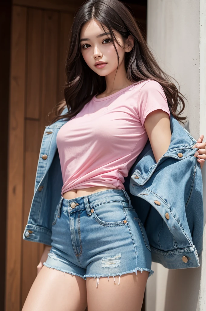 A beautiful and attractive human woman wearing a pink shirt and denim shorts 