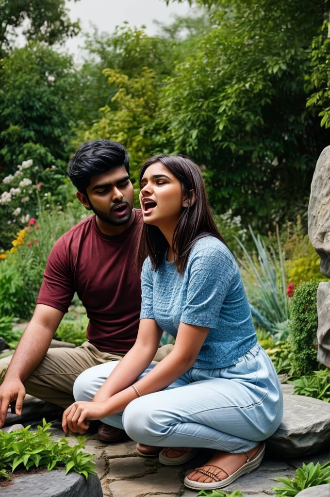 A 25 years old indian man singing songs in a garden, his girlfriend is seting on a stone