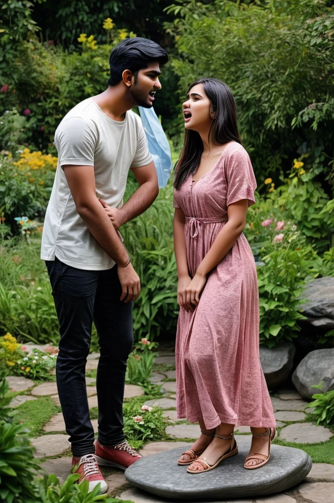 A 25 years old indian man singing songs in a garden, his girlfriend is seting on a stone