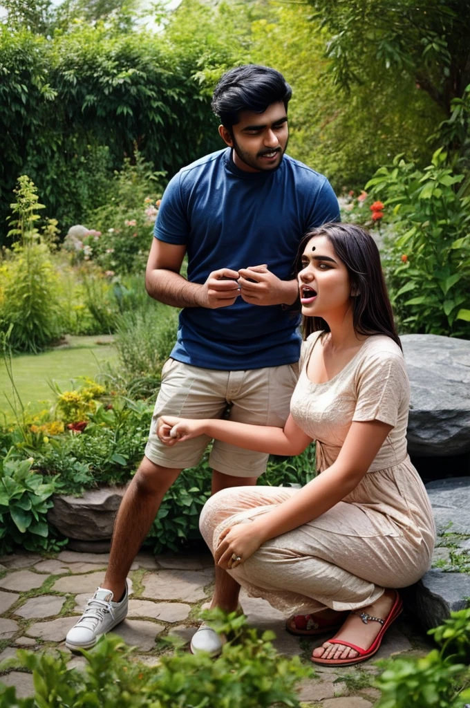A 25 years old indian man singing songs in a garden, his girlfriend is seting on a stone