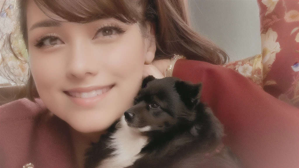 There's a woman holding a small dog on her lap, by Amélia Peláez, selfie of a dog, profile image, powder Nándor Katona, ah, alanis guillen, with dogs, very low quality image, Ayahausca, by Emma Rios, Estefânia Villegas Burgos, low quality photo