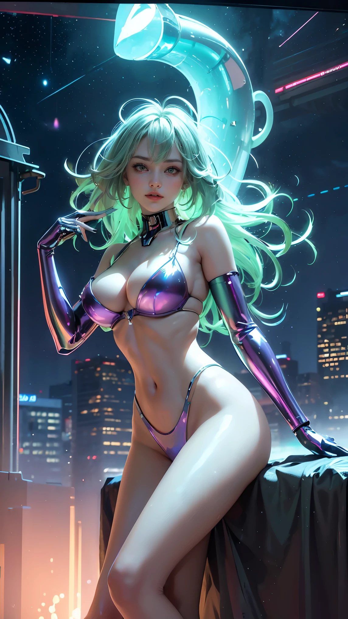masterpiece, best quality, 1girl, ives , Mecha, beautiful lighting, (Neon light: 1.2), (night: 1.5), "masterpiece, best quality, 1girl, full-length portrait, sensual pose, green eyes, multicolored hair+silver:1.3+red:1.2+purple+yellow:1.3+green:1.3, sculpted legs and tempting curves, full , pretty face, lots of water drops, cloud, Twilight, open plan, Watercolor, Neon light: 1.2, night:1.5, Mecha, beautiful lighting, bright neon light: 1.2, unforgettable mysterious night: 1.5"