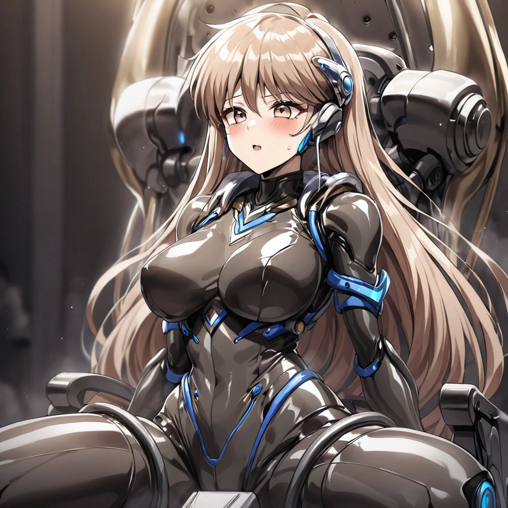 ((Highest quality)), ((masterpiece)), (detailed), （Perfect Face）、The woman is Princess Leona, with light brown, medium-long hair.々He was restrained by being made to wear a shiny body suit connected to various cords and machines, and made to sit in a mechanical chair-type brainwashing device that was bigger than his height.々They are connected to a device that has brainwashed and modified them.、The woman is being treated with a brainwashing device.