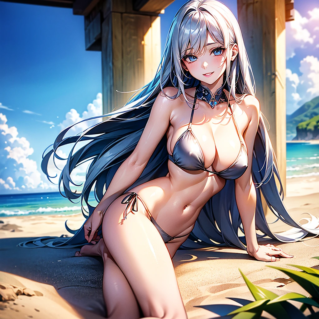 (masterpiece、Highest quality、High resolution、Highest quality、Realistic depiction)Created by Girl(whole body)、Long silver hair、Beautiful Eyes、White Bikini、Emphasizing body lines、Sexy pose、From the back、Big Breasts、Chest、Sticking out your ass、valley、smile、Beach、