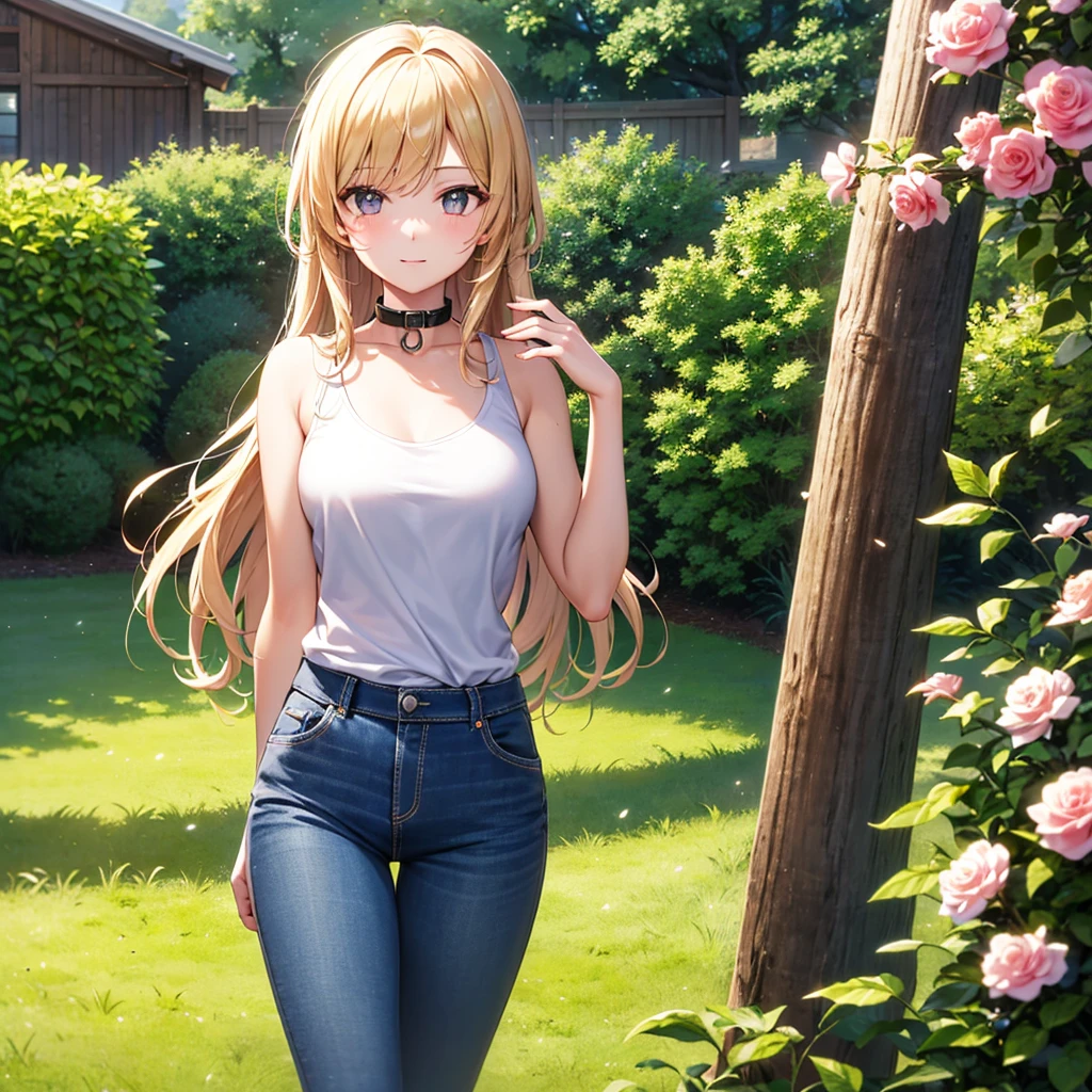 (best quality,4K,high resolution,masterpiece:1.2),Super detailed, Outdoor scene with 1girl, blonde hair, Long curly hair, gray eyes, and medium breasts. The girl in the white jacket, collar, tank top and jeans. The scene is set in a beautiful garden，flowers bloom，The grass is luxuriant. The sun casts a warm glow on the girl&#39;s face，Illuminates the surroundings. Bright colors，Rich texture, Create visually stunning images, (seduct smile), looking at the audience