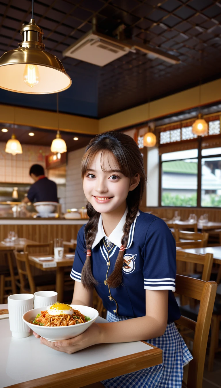 high school student,girl,,she is having food,smile,kobeyarestaurant, open kitchen, scenery, chair, table, ceiling light, indoors, lamp, cup, restaurant, light, realistic,Best Quality, 32k, photorealistic, ultra-detailed, finely detailed, high resolution, perfect dynamic composition, beautiful detailed eyes, sharp-focus, cowboy_shot,kobeyarestaurant,Asia