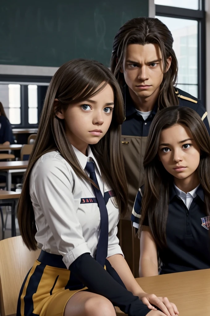 Screenshot of my hero academia.
Girl long light brown hair. He has intense black eyes and a serious expression.. She is wearing the UA uniform and in the background there is a UA school class and she is sitting at a table.