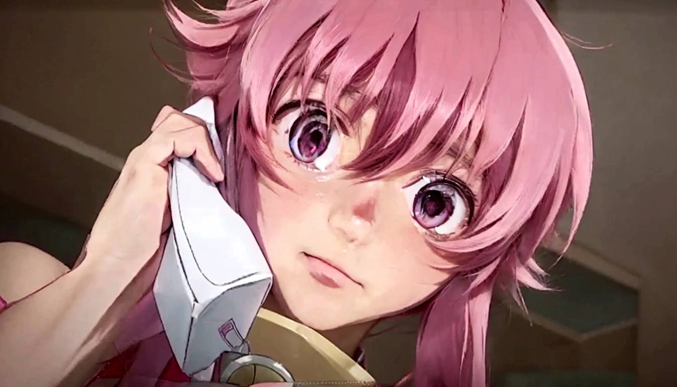 Anime girl with pink hair talking on cell phone., Mirai Nikki, anime movie screenshot, guro anime screenshot, doki doki literature club, Frame from the anime de televisión, screenshot from a 2012 anime, Frame from the anime, visual anime of a cute girl, closeup of a young anime girl, Today&#39;s featured anime still.