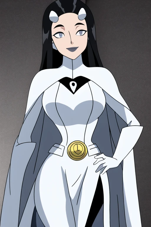 Tinya Wazzo, solo,black hair, long hair. grey eyes, smile, grey lips, white cape, best quality, masterpiece, 1girl, Masterpiece, Best Quality, Detail, room, From Behind, From Below, cape in front, sitting