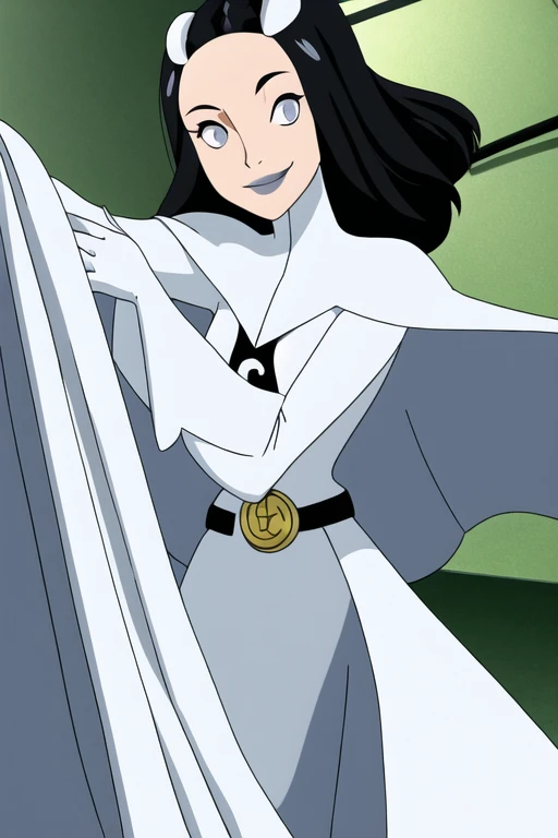 Phantom girl, solo, girl1, long black hair, grey eyes, smile, white hair ornament, grey lips, white cape, best quality, masterpiece, cape covered whole body, no body 