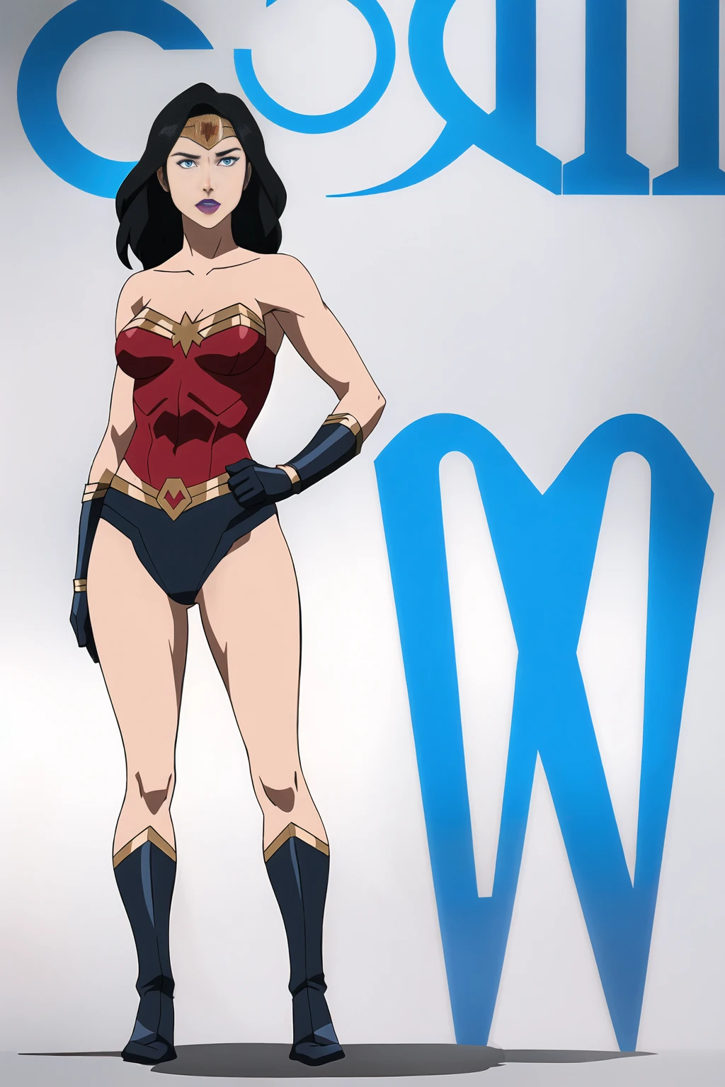 ((Full body photo, standing, feet on the ground)) wonder woman, 1girl, female focus, solo, black hair, blue eyes, superhero, gloves, makeup, lipstick, bodysuit, breasts, medium breasts, leotard, monitor, ((work of art))