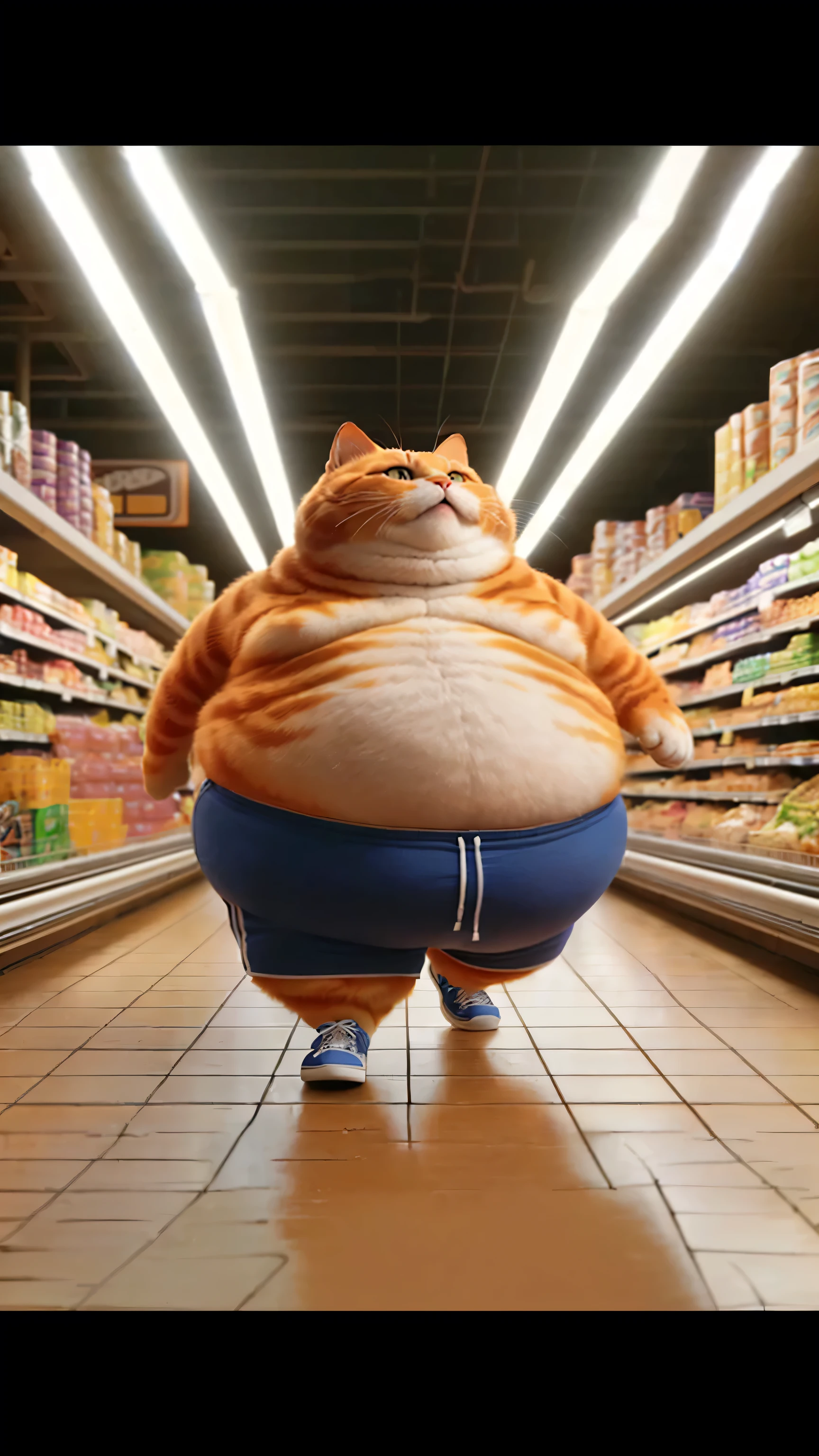 A large, overweight orange tabby cat wearing blue shorts and sneakers walks down the aisle of a grocery store, looking up with a curious expression. The fluorescent lights cast a bright glow on the cat and the tiled floor. Photorealistic, 3D rendering, style of Pixar's "Finding Nemo". The background is a blurry supermarket aisle with shelves stocked with canned goods. The lighting is bright and slightly overexposed, with a warm color temperature.
