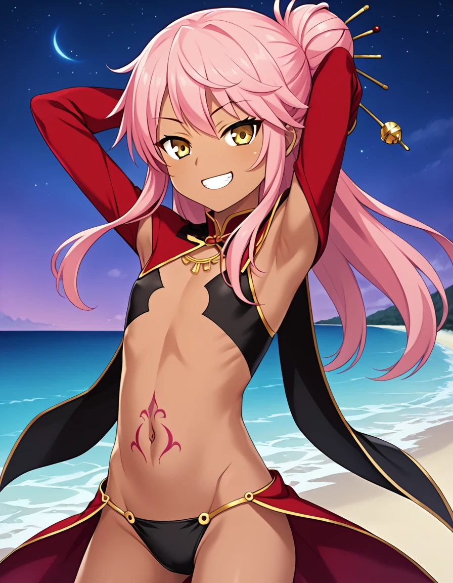 chloebase, pink hair, long hair, hair bun, hairpin, yellow eyes, dark skin, dark-skinned female, long sleeves, stomach tattoo, midriff, waist cape, 1girl, solo, younger, flat chest,
high quality, solo, night sky, beach, arms behind head, contrapposto, closed mouth, spread armpits, (cowboy shot:1.5), looking at viewer, grin, best quality, game cg, anime screencap, official art, masterpiece, best quality
