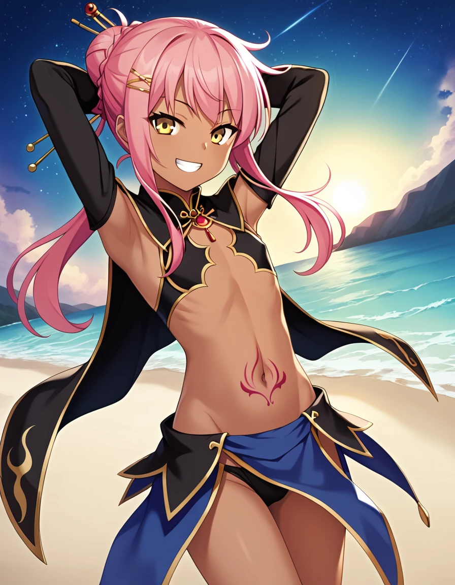 chloebase, pink hair, long hair, hair bun, hairpin, yellow eyes, dark skin, dark-skinned female, long sleeves, stomach tattoo, midriff, waist cape, 1girl, solo, younger, flat chest,
high quality, solo, night sky, beach, arms behind head, contrapposto, closed mouth, spread armpits, (cowboy shot:1.5), looking at viewer, grin, best quality, game cg, anime screencap, official art, masterpiece, best quality