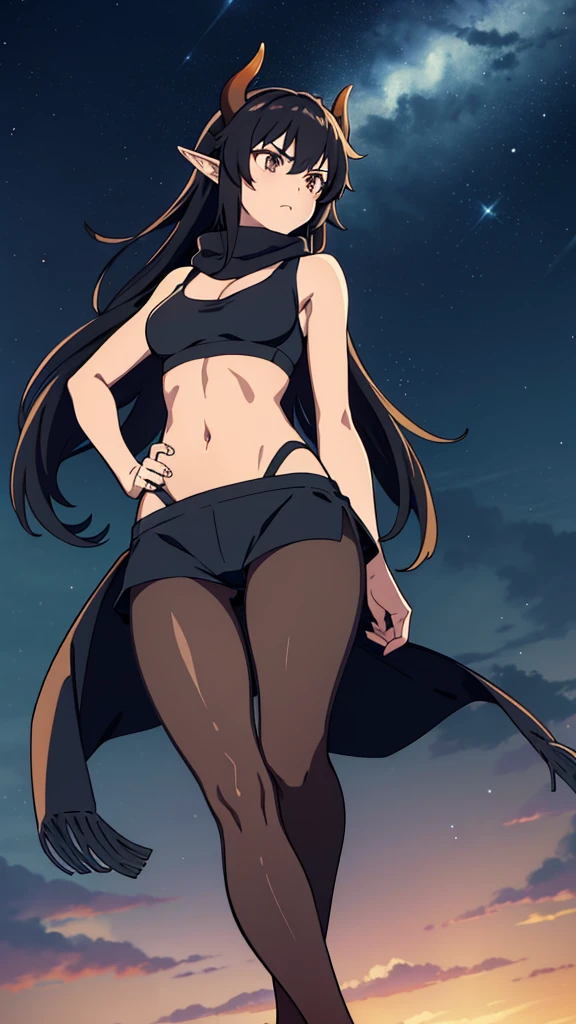 ((1girl,solo,mature female,25s,adult)),long hair, black hair,serious expression,horns,elf ears,black scarf,cleavage,(dark skin),((black sports bra, midriff)),((pantyhoses)),looking up at the sky,night, Vast sky, beautiful skyline, fireflies, fantasy,night scenery, rain,thunder clouds,walking,((shot from below,focus on feet))