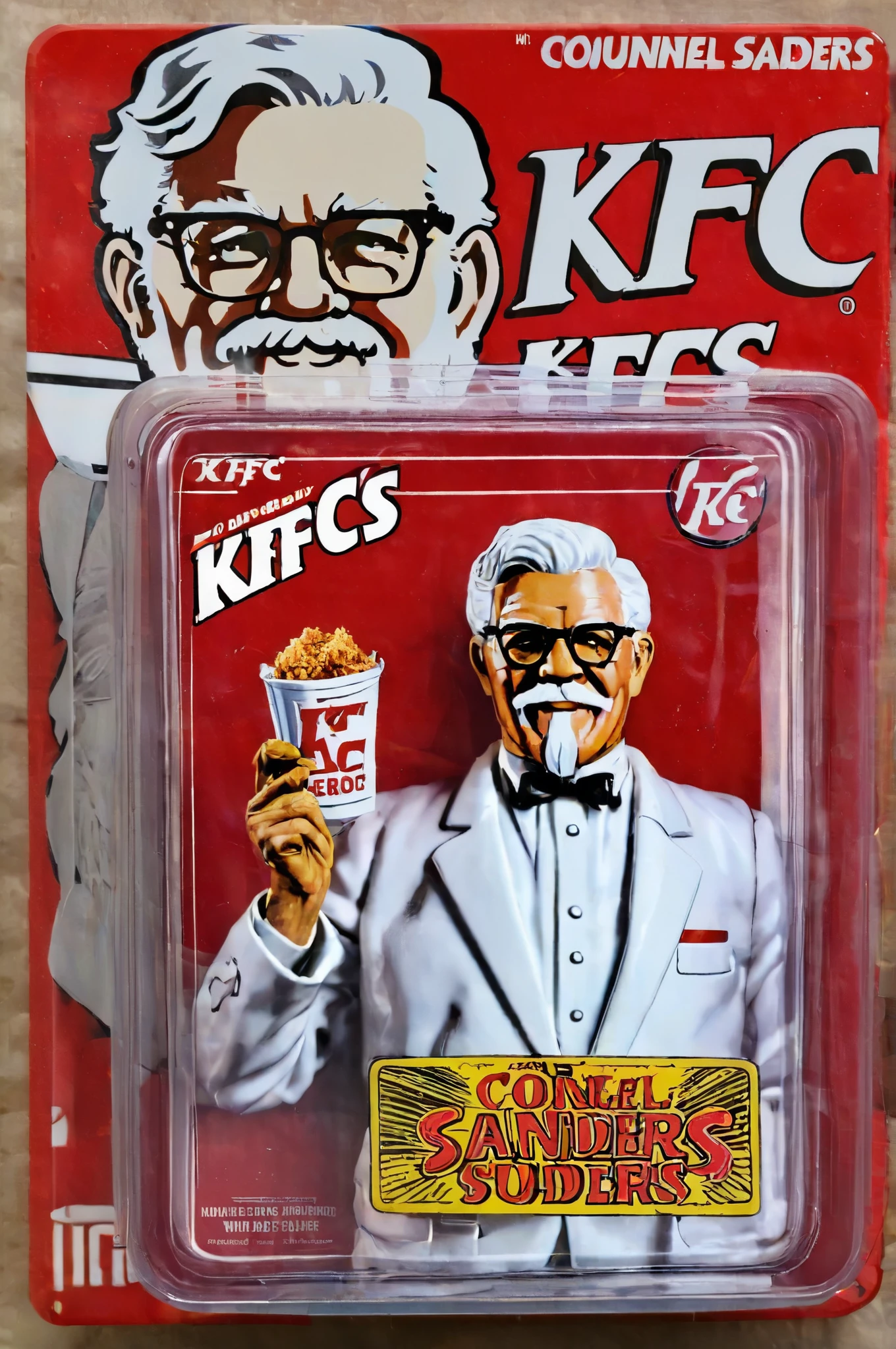 A Colonel Sanders action figure, detailed and lifelike, enclosed in a plastic box, The packaging background depicts Colonel Sanders with Vintage Comic Book Cover,(title says "KFC" text logo:1.35)