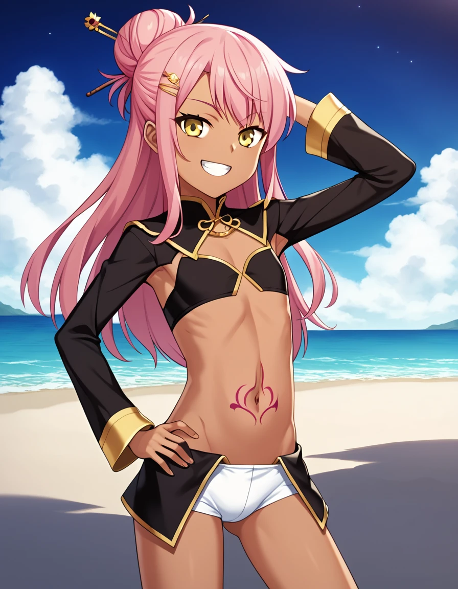 chloebase, pink hair, long hair, hair bun, hairpin, yellow eyes, dark skin, dark-skinned female, long sleeves, stomach tattoo, midriff, waist cape, 1girl, solo, younger, flat chest,
high quality, solo, night sky, beach, arm behind head, hand on hip, contrapposto, closed mouth, spread armpits, (cowboy shot:1.5), looking at viewer, grin, best quality, game cg, anime screencap, official art, masterpiece, best quality
