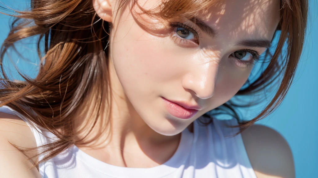 (detailed face),VIVID,normal breasts,pretty,white sleeveless t-shirt,4k ,super high resolution ,(photo-realistic: 1.7),white background,long hair,