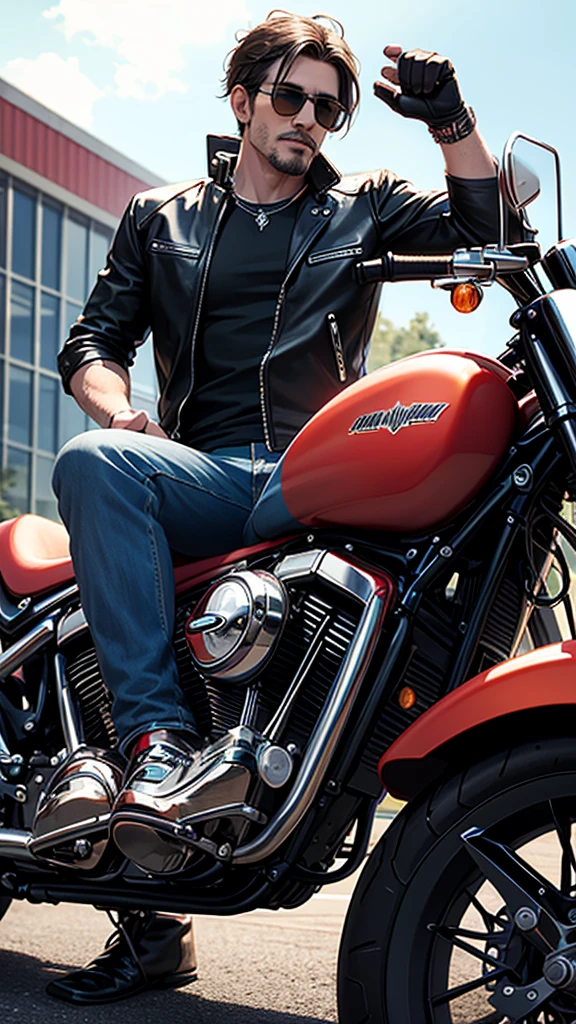 Drawing of a Harley Davidson motorcycle being ridden by a man with sunglasses