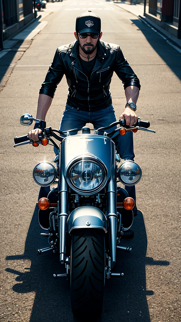 Drawing of a Harley Davidson motorcycle being ridden by a man with sunglasses
