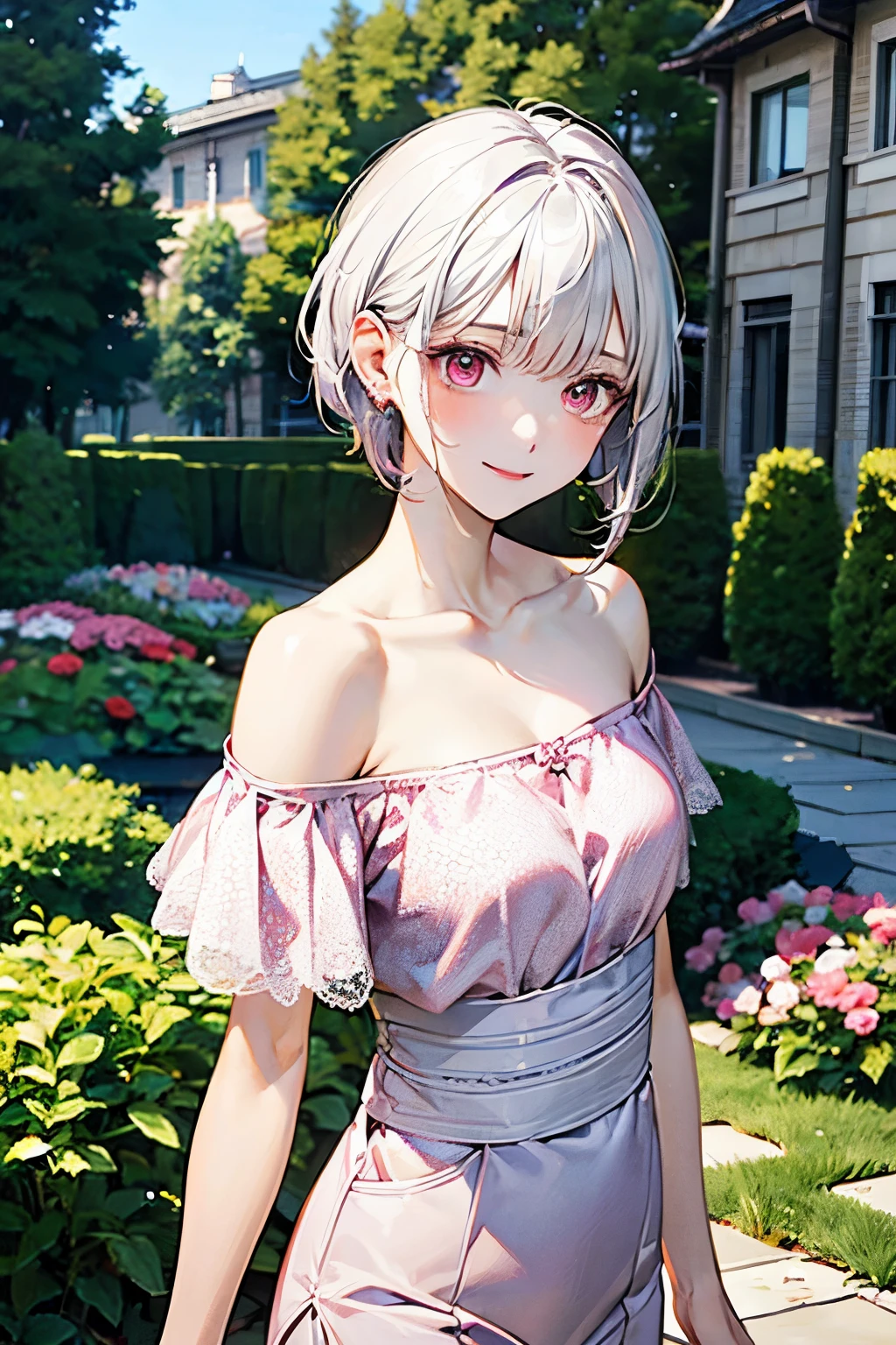((best quality)), ((masterpiece)), (detailed), perfect face. Asian girl. White hair. Short hair. Pink eyes. Off shoulder. Garden. Walking.