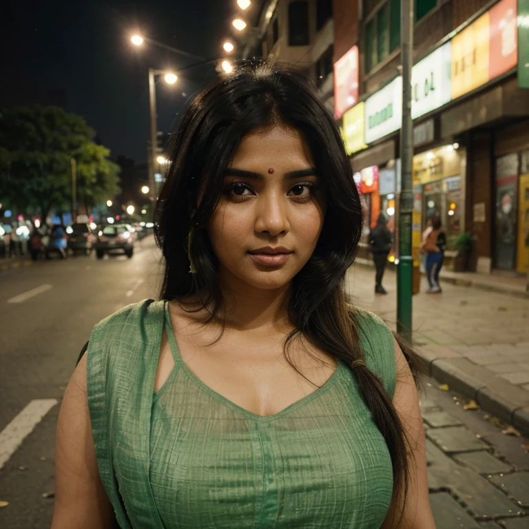 (((desi girl))), chubby face, natural skin, wearing hot deep neck top and (light green) dupatta, charming black hair, ((hair ends are blonde)), city streets background, bokeh, different poses, sexy look, realism, ultra-detailed,
