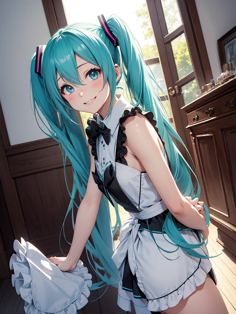 Hatsune miku, smiling, maid, view from bottom to top