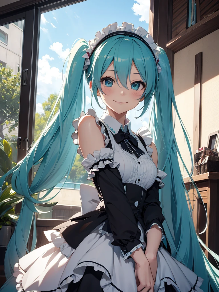 Hatsune miku, smiling, maid, view from bottom to top