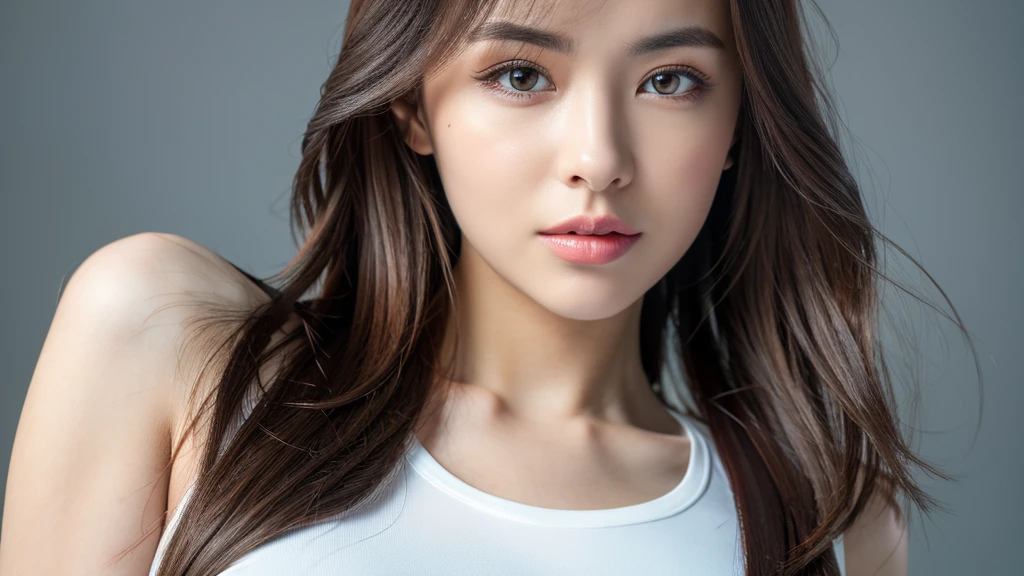 (detailed face),VIVID,normal breasts,pretty,sleeveless and turtle neck white silky clothes,4k ,super high resolution ,(photo-realistic: 1.7),white background,long hair,