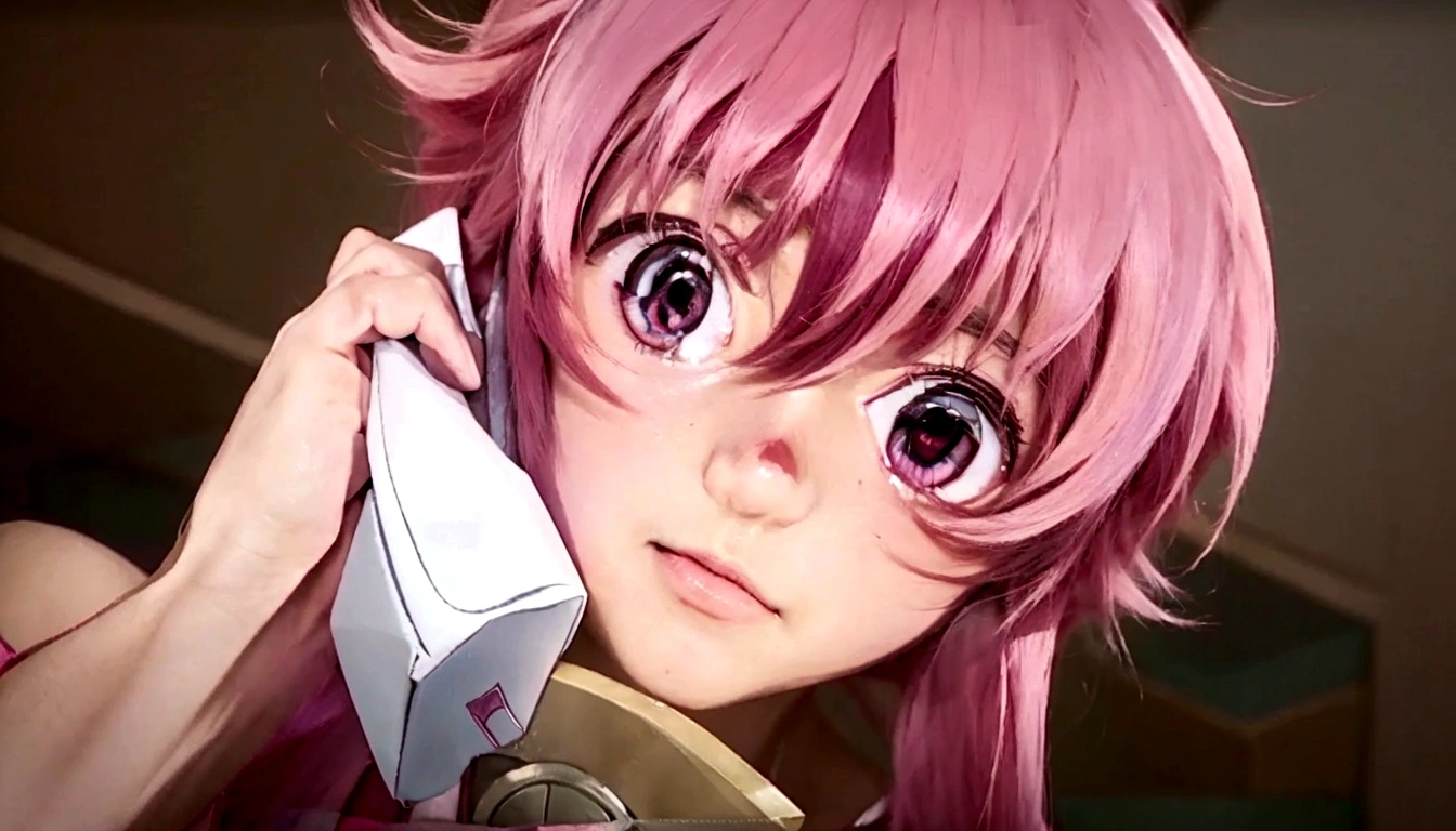 Anime girl with pink hair talking on cell phone., Mirai Nikki, anime movie screenshot, guro anime screenshot, doki doki literature club, Frame from the anime de televisión, screenshot from a 2012 anime, Frame from the anime, visual anime of a cute girl, closeup of a young anime girl, Today&#39;s featured anime still.