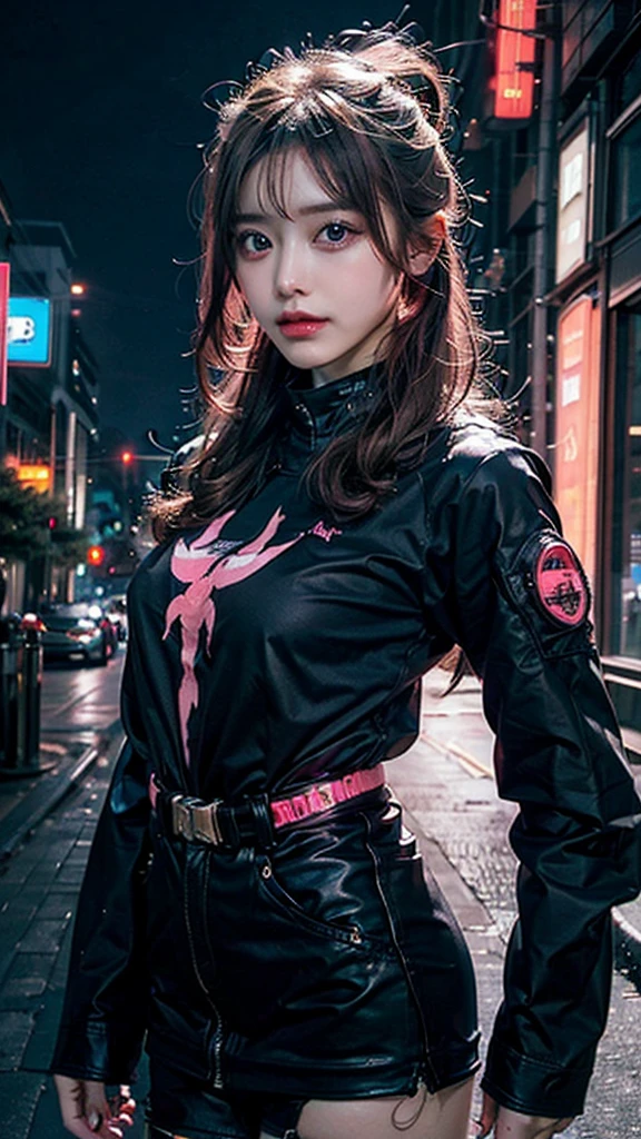 8K,beautiful,cyber punk,cyber punkな街並み,Neon night,Flashy cityscape,Charming girl at 18 years old,Baby Face,Pink Hair