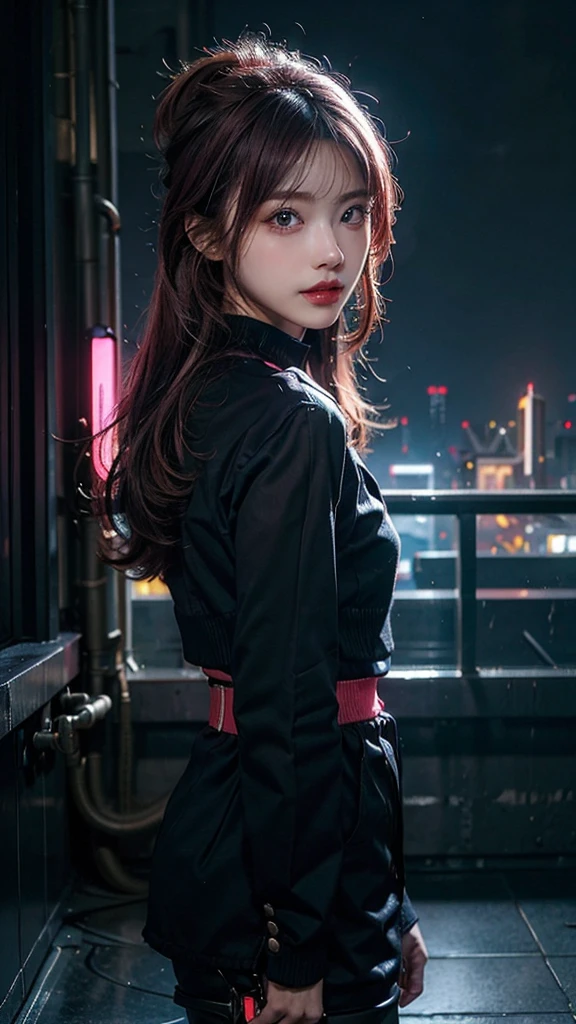 8K,beautiful,cyber punk,cyber punkな街並み,Neon night,Flashy cityscape,Charming girl at 18 years old,Baby Face,Pink Hair