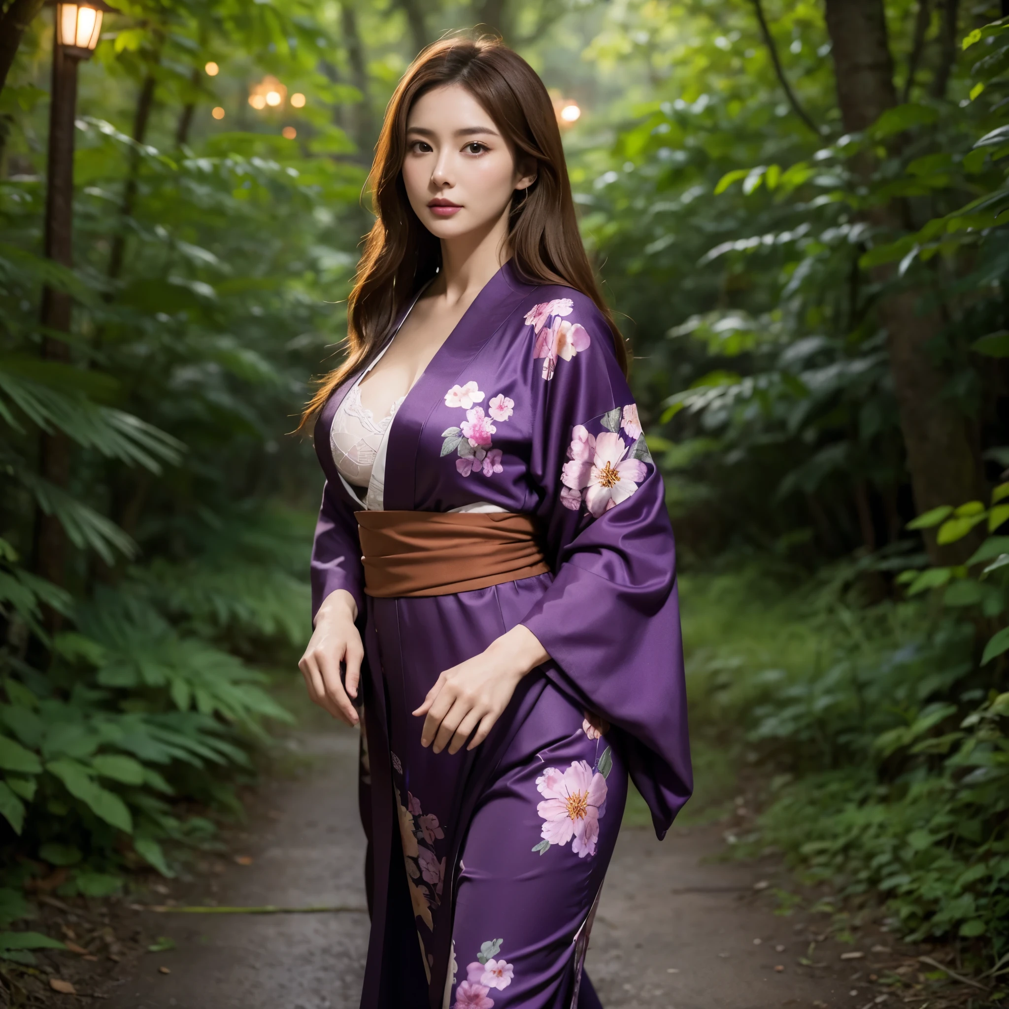 a mature woman, wearing a purple kimono with floral designs, brown hair, long hair, brown eyes, big breasts, exposed breasts, walking outside a wooden house in a forest, trees in the background , with fantasy aesthetics, at night, with fireflies,.UHD, masterpiece, accurate, anatomically correct, textured skin, super detail, high quality, best quality, 8k, high resolution, bokeh effect. (woman alone)
