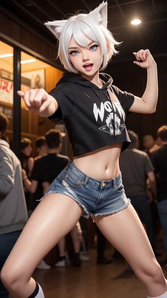 masterpiece, A bright smile, Boyish short hair girl (White hair), Punk Hairstyle, Semi-shaved hairstyle, (Horny facial expression), There are wolf ears, ((Wolf tail)), Wearing denim shorts and a cropped black hoodie, Thick thighs, Wide hips, Over the knee socks, Solitary, Solitary, There are no wolves, Showing belly, With shining blue eyes, flat chest,comics, fantasy, SFW, burden, Action poses, Parties, Club Time