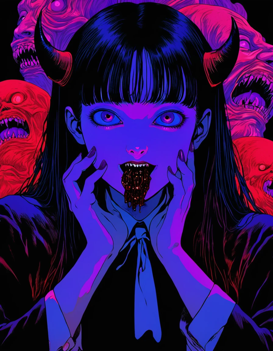 illust、art、from 80s horror movie, directed by Junji Ito、nightmare、hell、devil、high detail, realsitic shadow、Analog style, vhs style, 8mm film, chromatic aberration, Dvd screengrab、Blue-purple and red-purple gradation、Surrealism