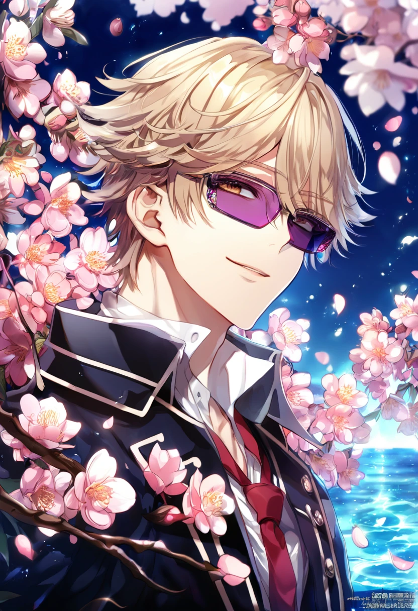 Ultra detailed, highres, absurdres, HDR, master piece, Kusanagi Izumo, short hair, dark blonde hair that has bangs hanging on the left side, without bangs, expressivee hazel eyes, black jacket, white shirt, red necktie, purple rectangle sunglasses, K Project, fantasy, pink petals, water, pink flowers, handsome, sexy man, solo, magical, best quality, blossoms, handsome smile, blue shining fireflies