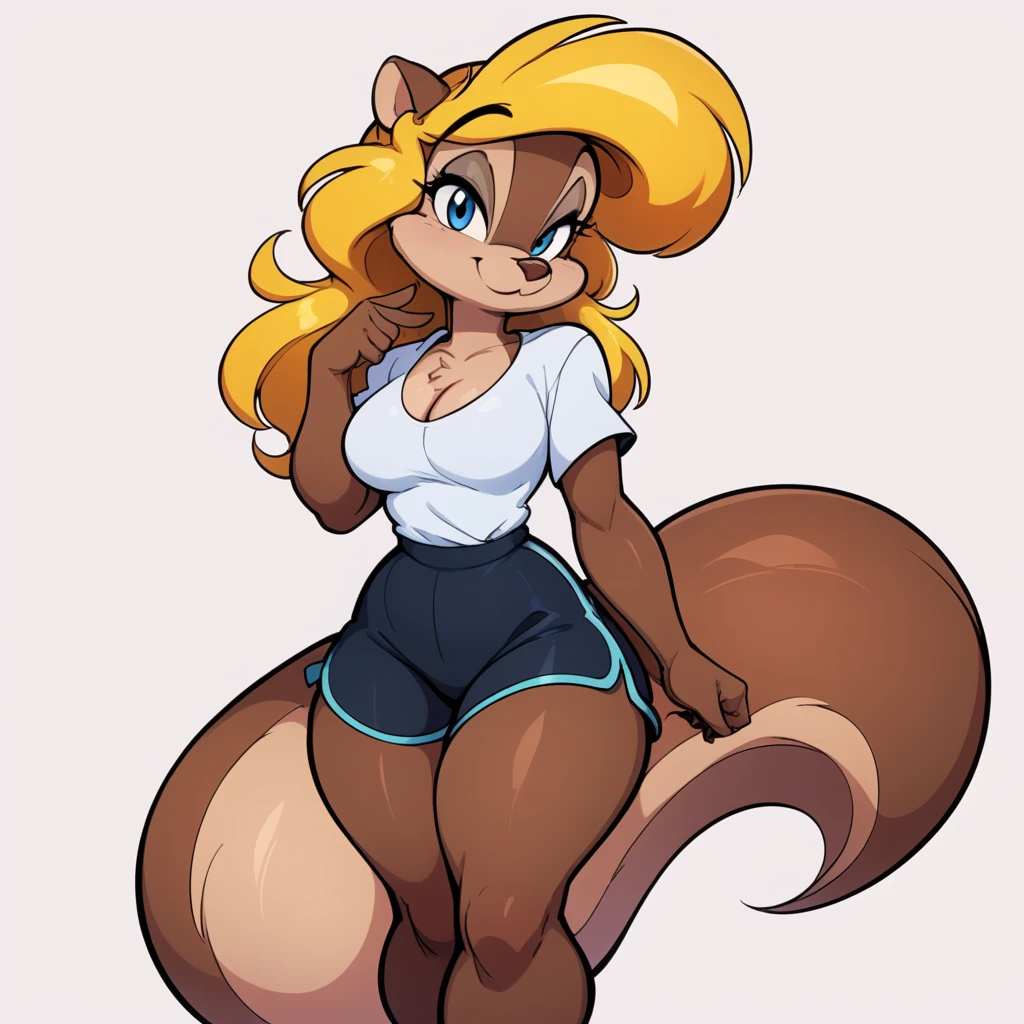 score_9, score_8_up, score_7_up, score_6_up, score_5_up, score_4_up, (Source furry), 1girl, solo, breasts, looking at viewer, smile, blue eyes, simple background, shirt, white background, animal ears, cleavage, medium breasts, closed mouth, standing, holding a Eraser, erasing herself, body almost disappearing by the eraser, tail, full thick body, barefoot, furry, cyberworld environment, black swimming shorts, has thick thighs, white shirt, animal nose, snout, amy squirrel , blonde hair, long hair, two tone fur, brown fur, furry female, body fur